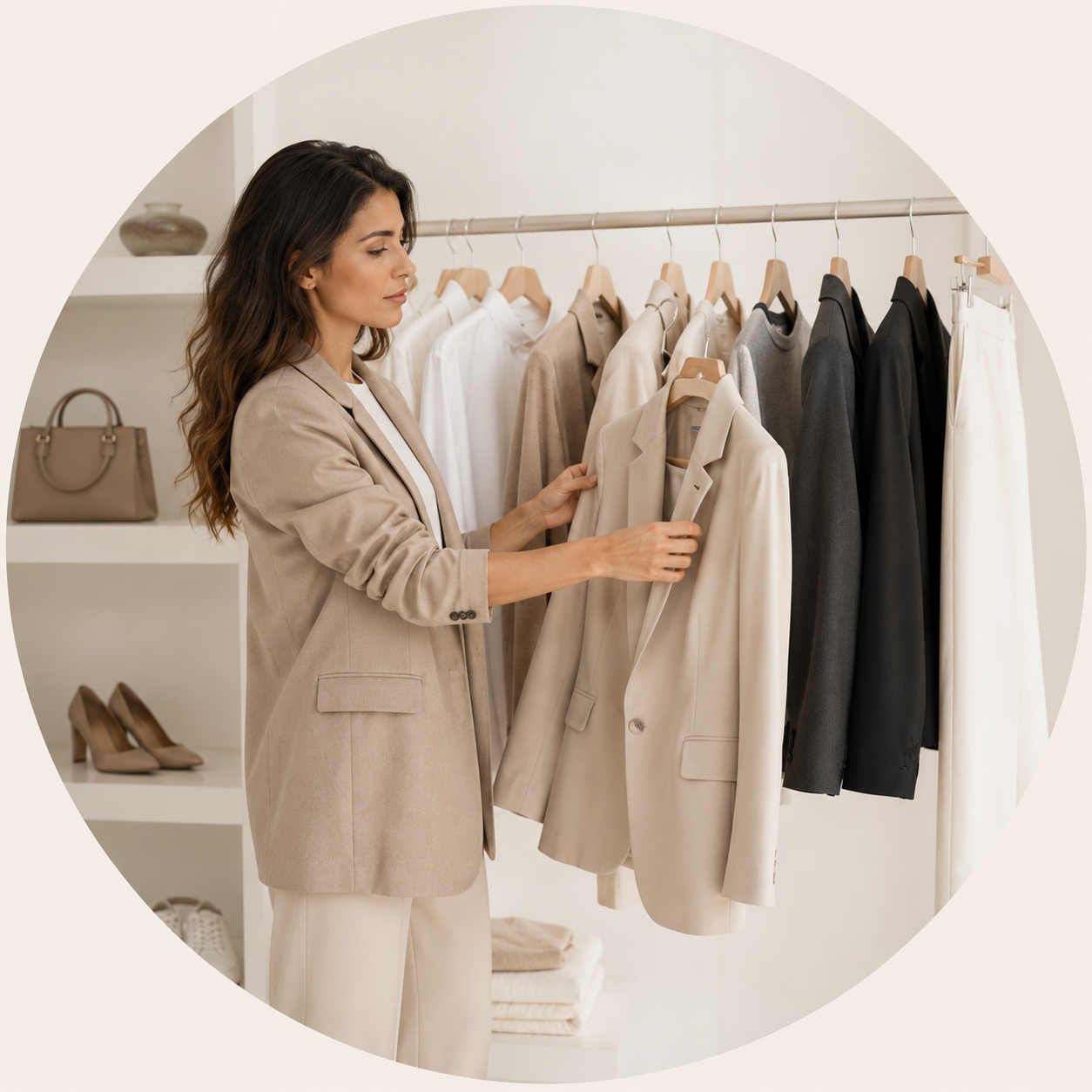 Capsule wardrobe for business women with neutral layers and clear workday pieces
